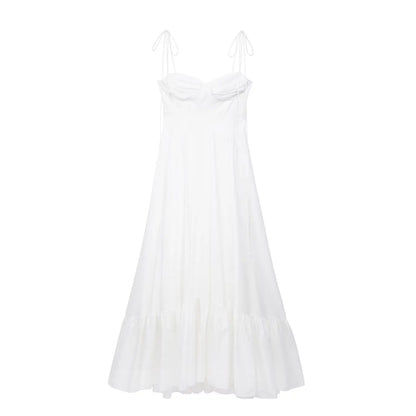 Summer New Woman Dress Spaghetti Strap Sleeveless Backless Lace-Up Zipper Pleats Sweet Beach Style Female Long Dresses