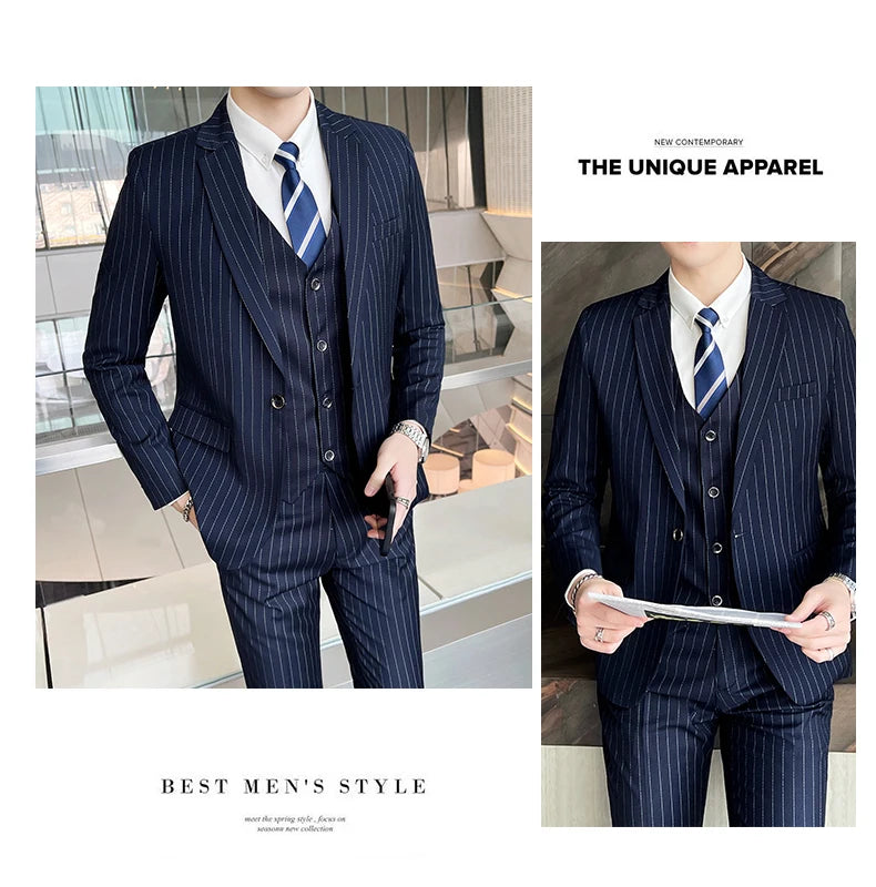 New three-piece suit with tailored striped business suit blazer and trousers set. Korean fashion trend. Stylish wedding attire.
