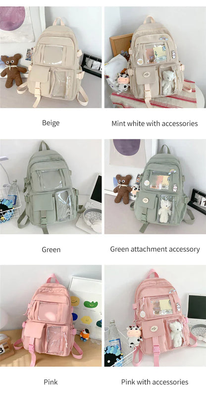 New Cute Nylon Backpack Suitable for Young Girls, Female Students, and Ladies, Multi-Pocket Student Backpack