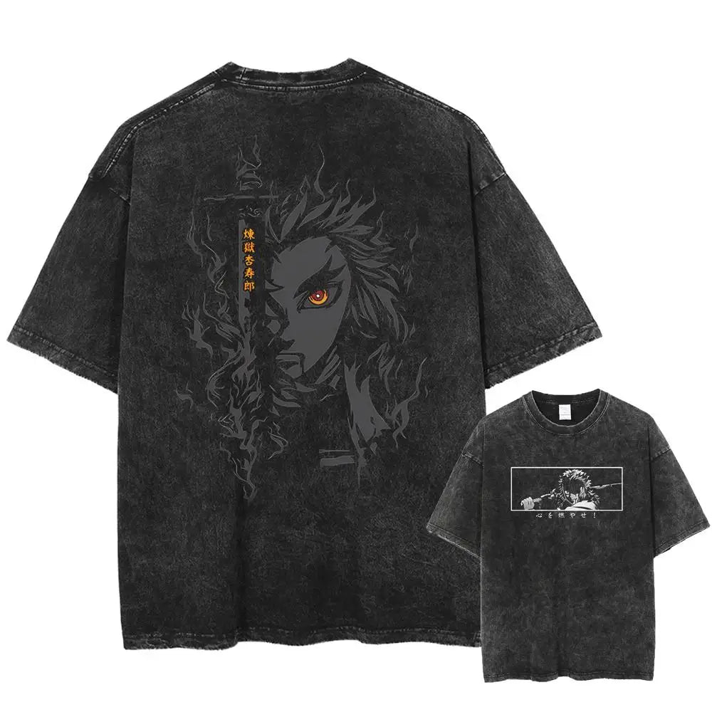 2025 Summer Men's Washes T-shirts Japanese Anime Demon Slayer Kyoujurou Graphic Clothing Harajuku Y2K Oversized Pure Cotton Tops