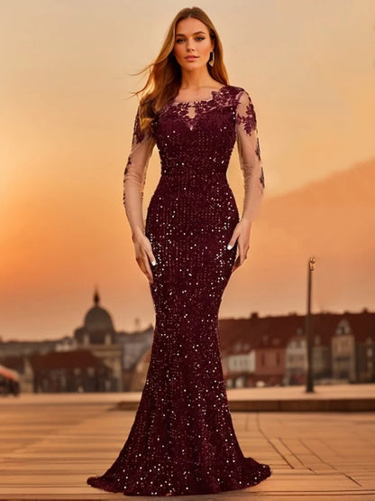 O Neck Long Sleeve With Flowers Sequin Evening Party Dress Elegant Women Sexy Backless Formal Prom Dresses