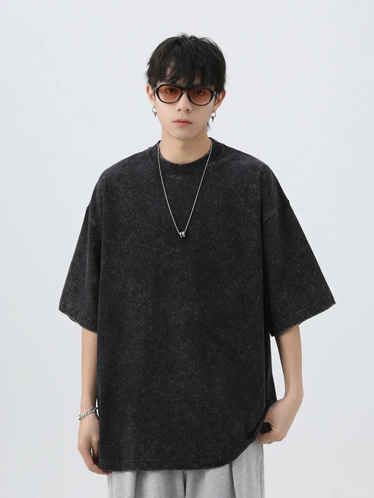 Japanese Korean Style Stir Fried Snowflake Washed T-Shirts Men Women Cotton Heavyweight Summer Hip Hop Streetwears Short Sleeved