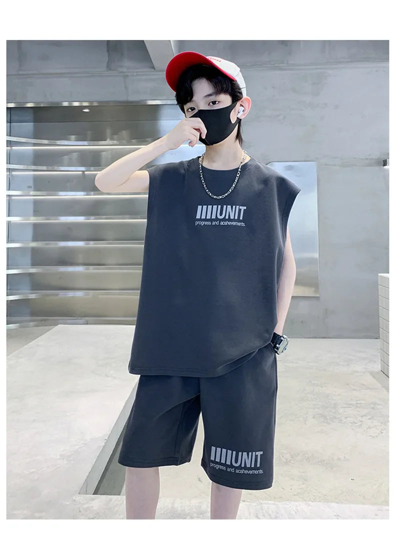 Big Child Cotton Summer Suit for Teens Boy Wing Print Cotton Tshirt + Shorts 2PCS Clothing Set Kids Adult Fashion Street Outfit
