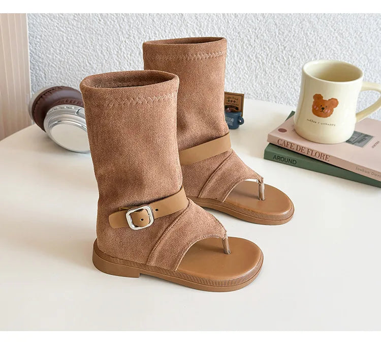 Summer Princess Long Pipe Boots Roman Sandals for Kids Girl Brand Design Ankle Strape Stretch-Satin Flip Flop Girls Shoes I06242