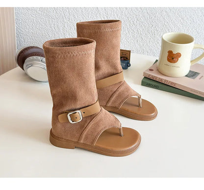 Summer Princess Long Pipe Boots Roman Sandals for Kids Girl Brand Design Ankle Strape Stretch-Satin Flip Flop Girls Shoes I06242