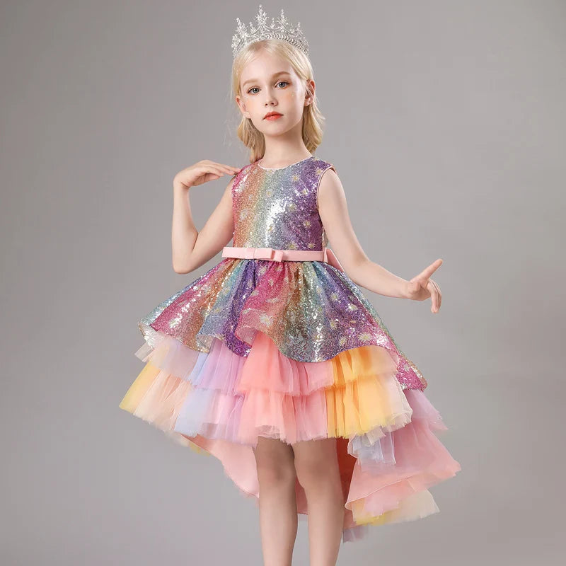 Children's Dress Trailing Princess Spot Pink Girls' June 1 Performance Summer New 2023 Lace Color Matching Mesh