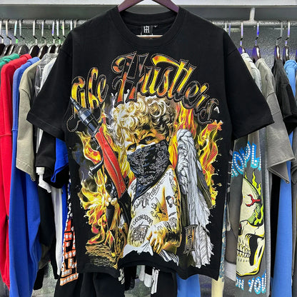 Masked Angel Shooting Arrows Diamond Cotton Short Sleeve Tshirts for Men and Women Crew Neck Loose Summer T-shirt Oversized Tees