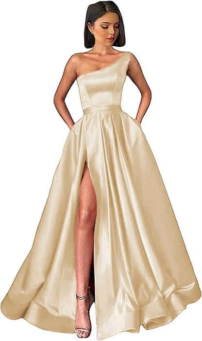 Women's One Shoulder Prom Dresses with Pocket High Slit Pleated Satin Corset Formal Gowns Evening Dress A Line Bridesmaid Gown