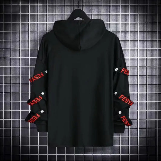 Novo Moletom Masculino Outono Casual Techwear Hip Hop Harajuku Masculino Fitas Retalhos Moda Japonesa Streetwear Darkwear