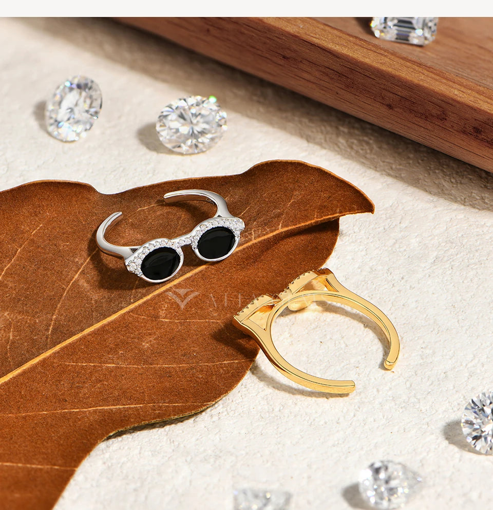 Cool Mini Glasses Moissanite Ring for Woman S925 Sterling Silver Adjustable Band Couple Open Rings Party Jewelry Gifts