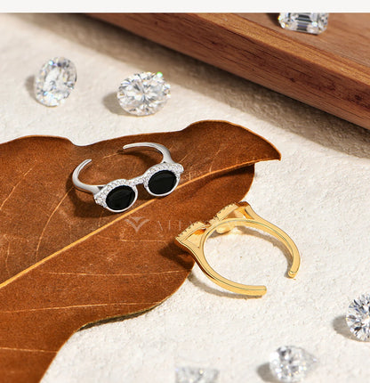 Cool Mini Glasses Moissanite Ring for Woman S925 Sterling Silver Adjustable Band Couple Open Rings Party Jewelry Gifts