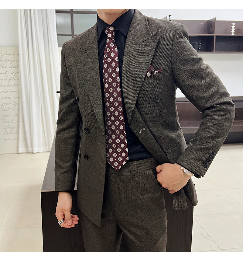 Men Vintage Luxury Double Breasted Slim Fit Lapel Evening Gown ltalian Style Fashion High-end Groom Wedding Party Tuxedo 2 Piece