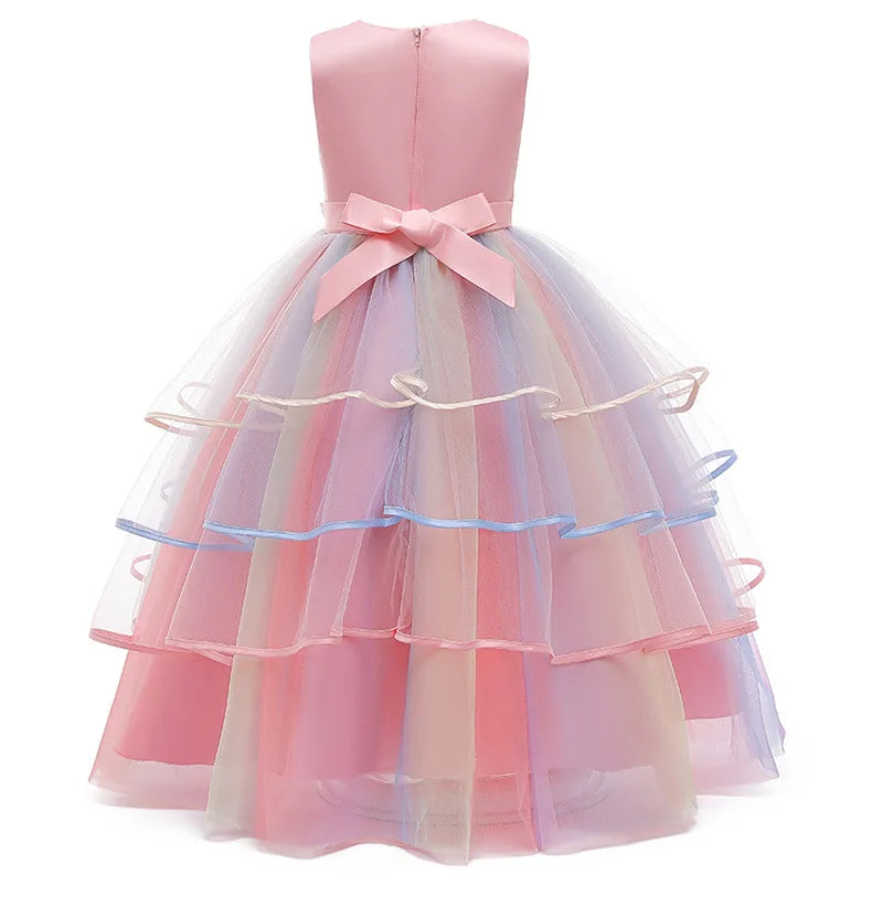 Girls Fantasy Unicorn Long Dress Rainbow Princess Girls Birthday Party Dress Children Kids Carnival Prom Gown for teen 3-12years