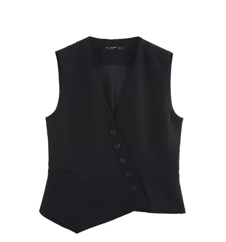 Casual Women Solid Tops Asymmetric V-Neck Single Breasted Pockects Sleeveless Vest Fashion 2025 Autumn Blazer Tops