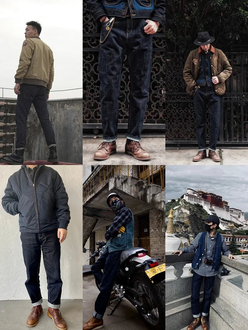 Vintage 14oz Selvedge Raw Denim Jeans Horsehair Leather Patch Straight Fit Jeans Men's Spring and fall Paris Buckle Pants