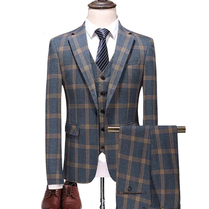 (  Blazer + Vest + Pants ) High-end Brand Gray Plaid Mens Formal Business Office Suit Three-piece Groom Wedding Dress Party Suit