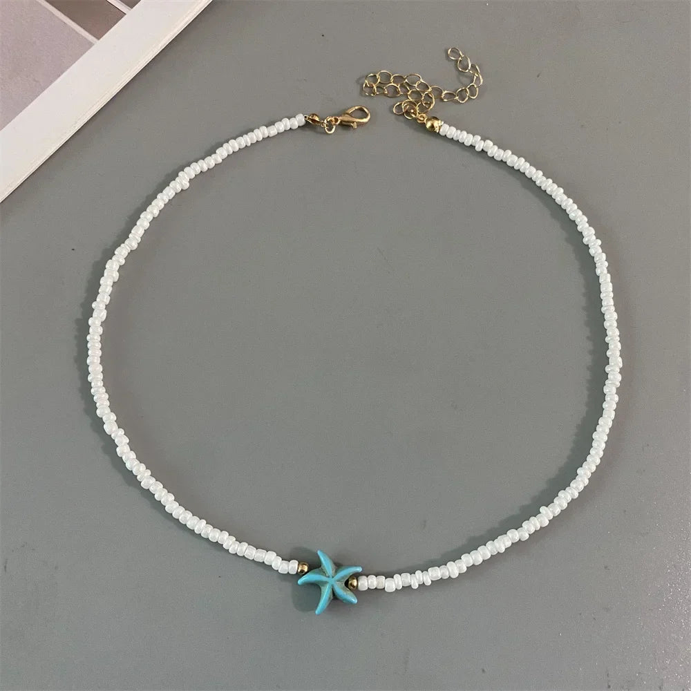 Shell Starfish Woman Short Necklace Summer Holiday Gift Handmade Choker  Seed Beads Neck Jewelry White