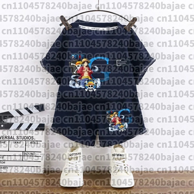 One Piece Boy Girl T-shirt Set Cartoon Tees Anime Letter Print Children Cotton Short Sleeves Shorts 2pcs Set Kids Summer Clothes