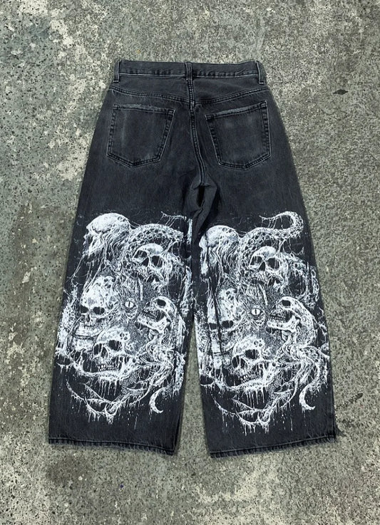 High Street Cool Personality American Style Denim Trousers Niche Fashion Baggy Washed Distressed Wide-leg Straight Jeans