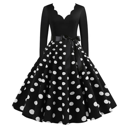 Women Vintage Long Sleeve Polka Dot Dress Spring Autumn New Year Party Dresses 3XL Black Vestidos