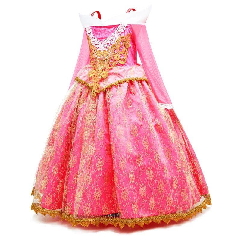 Exquisite Princess Ball Gown Sleeping Beauty Fairy Tale Costume Play Lace Gold Rim Deluxe Christmas Aurora Party Dress 2 4 6 8Yr