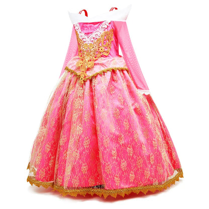 Exquisite Princess Ball Gown Sleeping Beauty Fairy Tale Costume Play Lace Gold Rim Deluxe Christmas Aurora Party Dress 2 4 6 8Yr