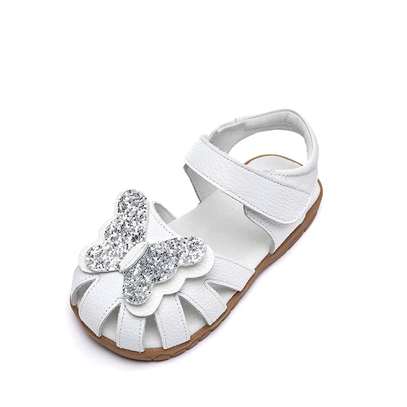 Leather sparkling butterfly Girls flat Sandals closed toe little kids girls summer shoes