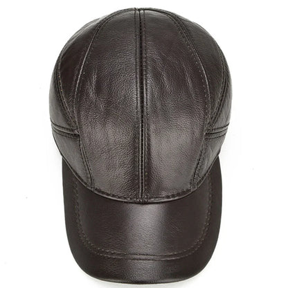 New Style Casual Real Leather Earflap Cap Men Real Cowhide Leather Caps Male Fall Winter Genuine Real Cow Leather Baseball Hats