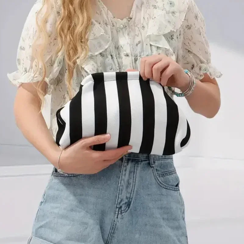 Knitted Striped Handbag Summer Beach Clutch Bags for Women Crochet Handbags Purses Knitting Dumpling Ruched Cosmetics Storage
