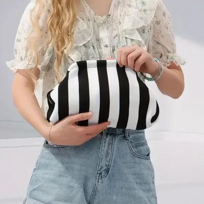 Knitted Striped Handbag Summer Beach Clutch Bags for Women Crochet Handbags Purses Knitting Dumpling Ruched Cosmetics Storage