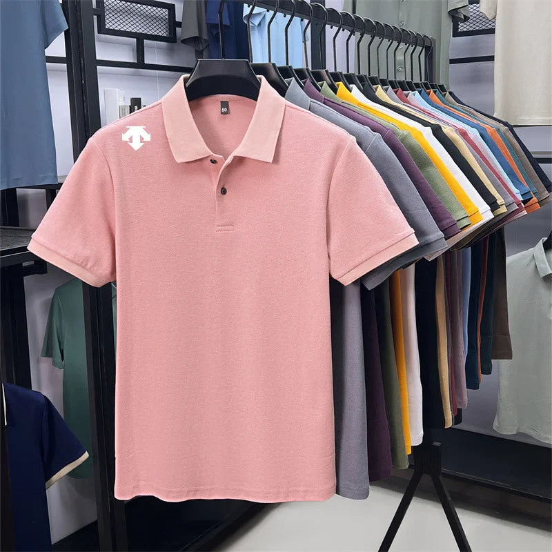 100% men's summer luxury brand polo shirt lapel geometric printing short sleeves t-shirt outdoor leisure men clothing tops