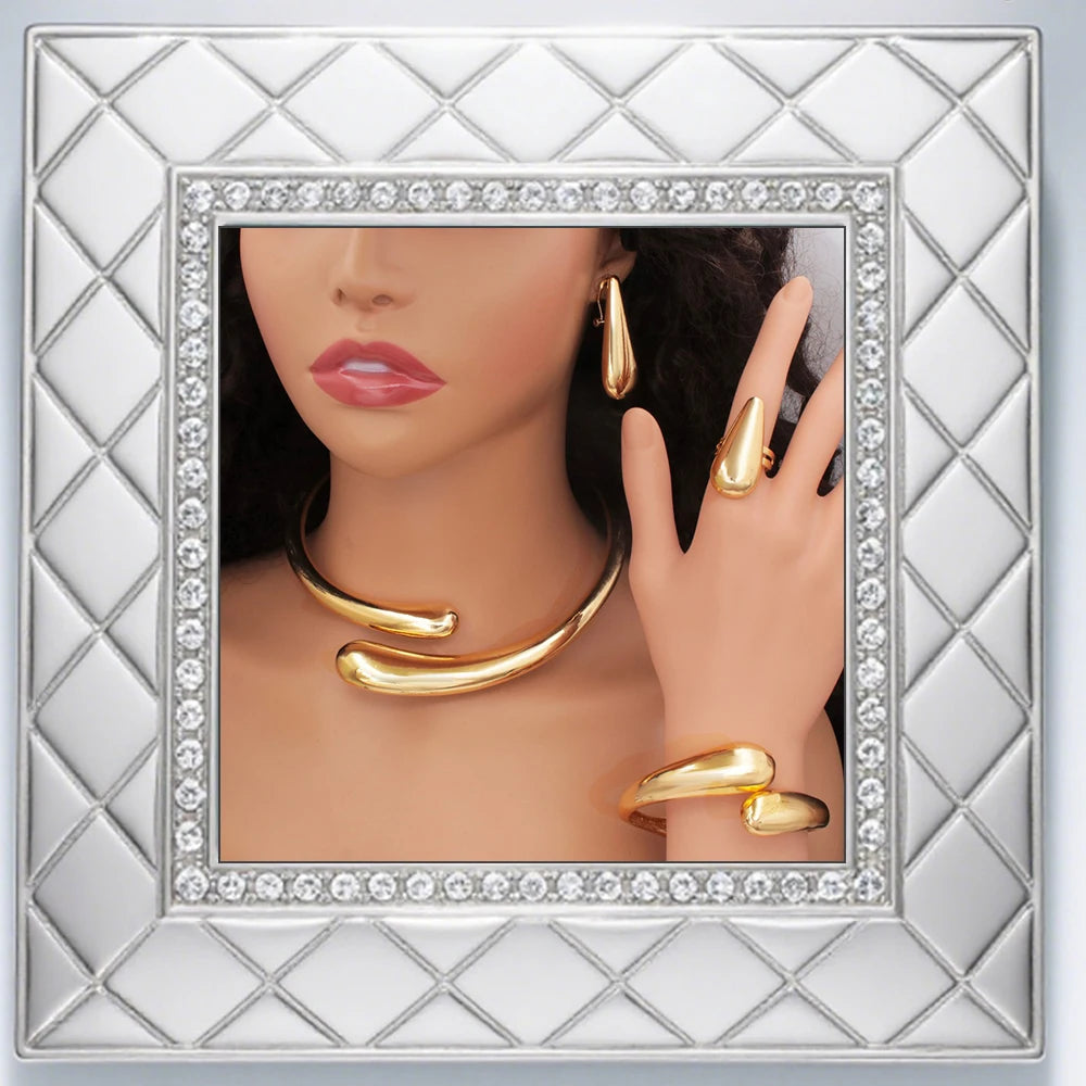2025 New Exaggerate Jewelry Set Gothic Water Drop Cuff Bangle Ring Chic Smooth Metal Large Necklace Earrings Wedding Gift