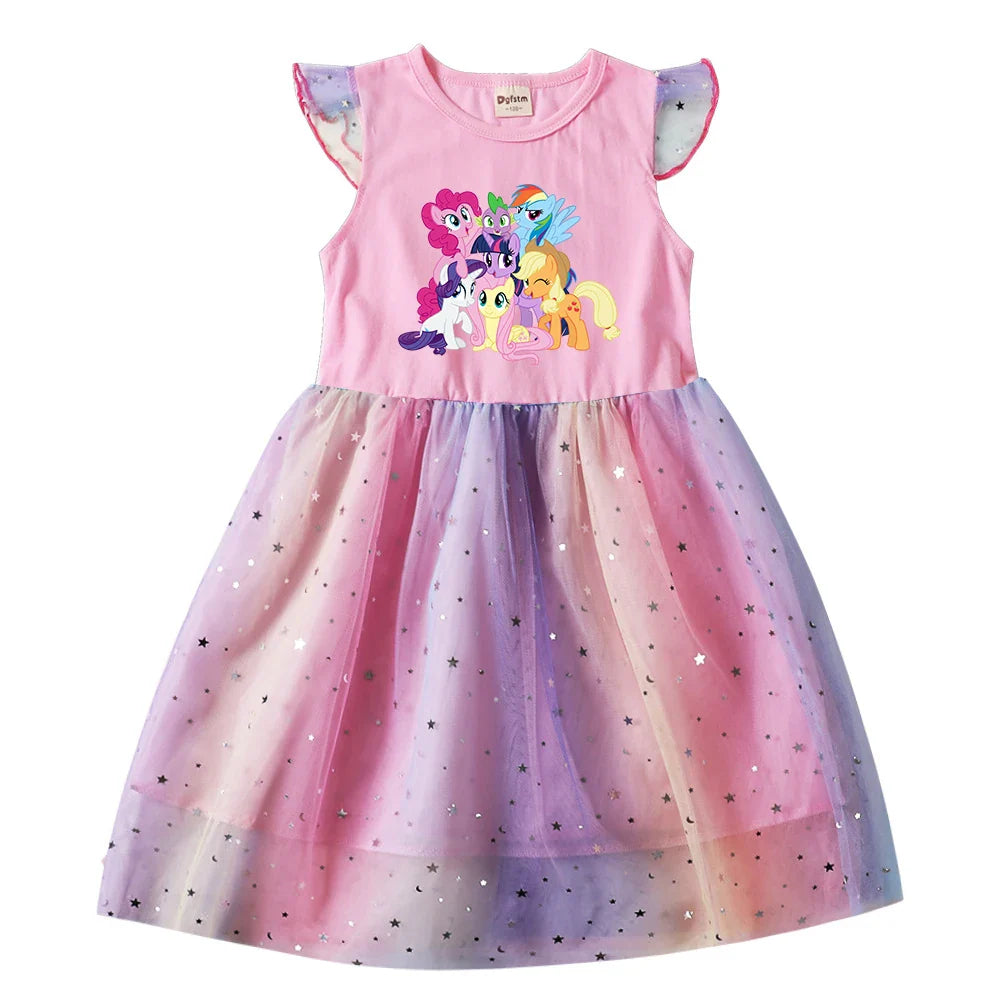 My Little Pony Baby Girls Dress Children Cartoon Mesh Star Sequins Princess Dress Kids Flying Sleeve Skirt For Daily Gift