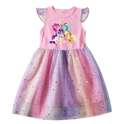 My Little Pony Baby Girls Dress Children Cartoon Mesh Star Sequins Princess Dress Kids Flying Sleeve Skirt For Daily Gift