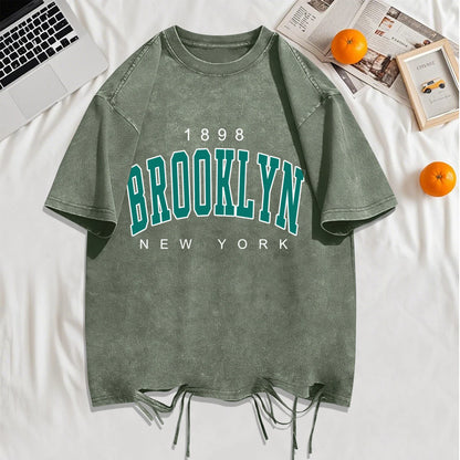 1898 Brooklyn New York Print Washed Holes T-Shirts Men Summer T-Shirt Breathable Fashion Clothing Mans Casual Cotton Streetwear