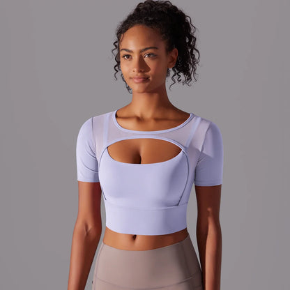 Women's Mesh Yoga Shirt Sexy Short Sleeve T-Shirt Sport Top Blouse Cover Up Quick Dry Gym Clothes Running Fitness Tank Sportwear