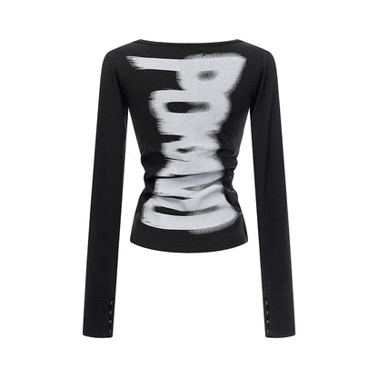 American Retro Print T-shirt Women Long Sleece Button Graphic Tops Y2k Tops 2000s Japanese Grunge Tops E-girls Autumn