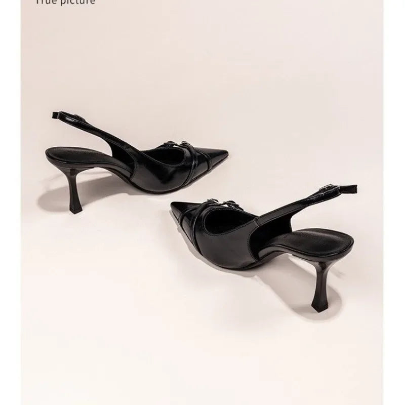 Sapatos de Salto Agulha Elegantes com Fivela, Bico Fino, Boca Rasa, para o Verão, Sapatos Femininos Pretos NO:602