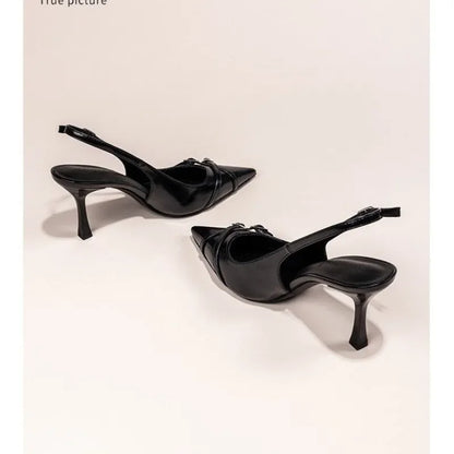Sapatos de Salto Agulha Elegantes com Fivela, Bico Fino, Boca Rasa, para o Verão, Sapatos Femininos Pretos NO:602