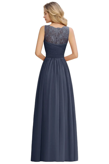 Elegant Bridesmaid Dress Pleated Bodice See-through Lace Cap Sleeves Maxi Flowy A-Line Skirt Wedding Party Gown Women