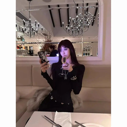 Black Sexy Back Hollow Out Women's T-shirt Goth Long Sleeve Slim 2000s Clothes Y2k Tees Female Clothing Autumn Tops Chic