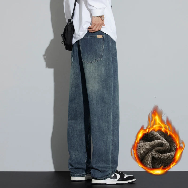 Korean Wide Legs Fleece Jeans Men's Winter Warm Thickened Velvet Loose Straight Casual Denim Pants Korean Fashion Trousers