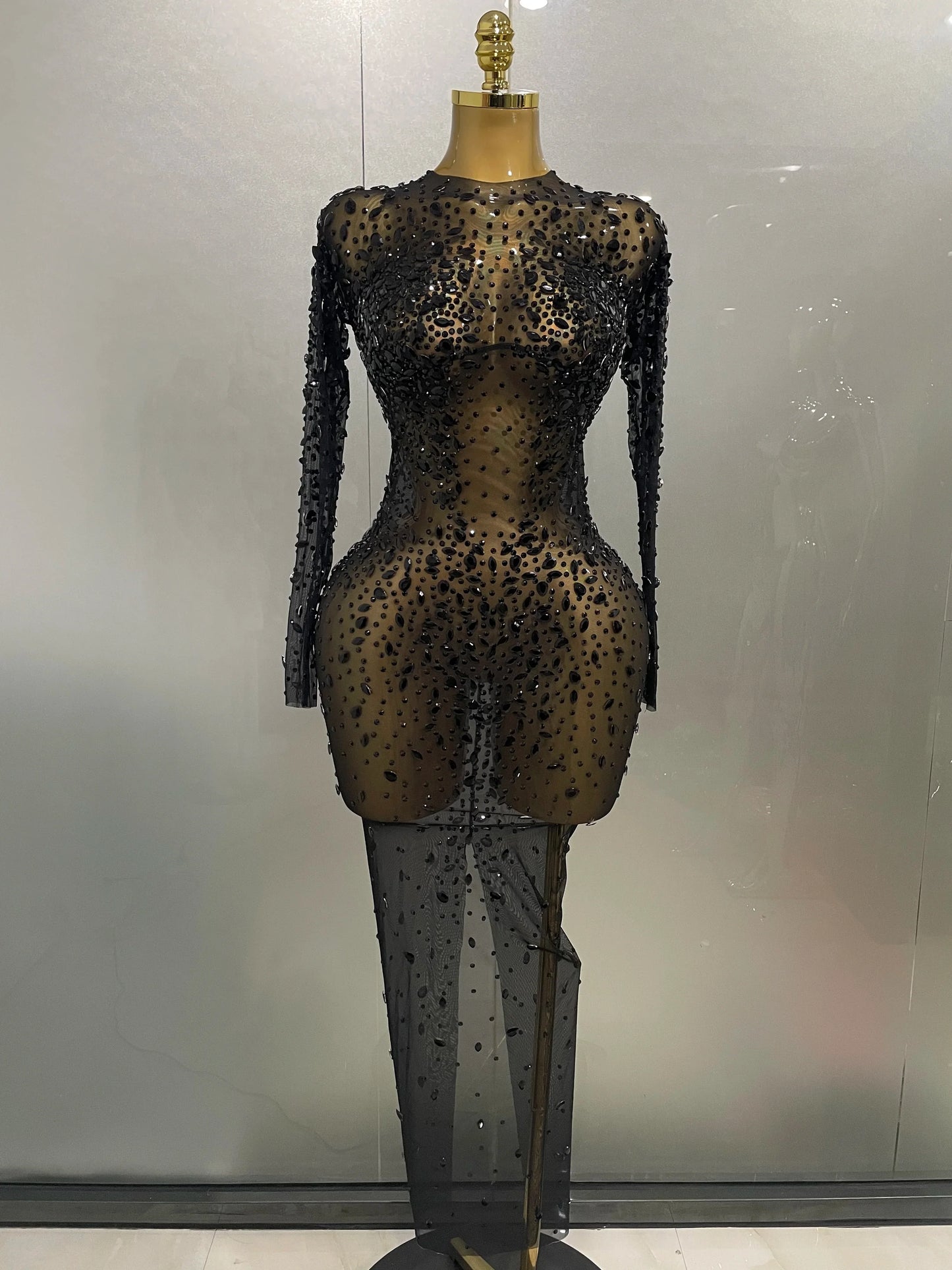 Shinny Rhinestone Stretch Mesh Transparent Long Dress 2025New Women Evening Birthday Party Prom Nightclub Singer Stage Wear