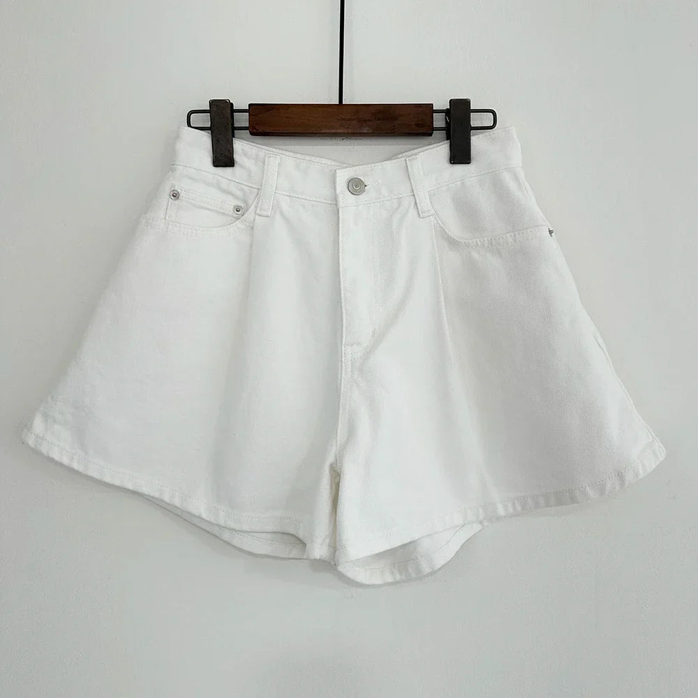 Summer Washed High Waist Women's A-line Denim Shorts Pocket White 2025 New Casual Loose Wide Leg Jeans Shorts Female
