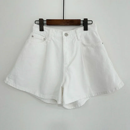 Summer Washed High Waist Women's A-line Denim Shorts Pocket White 2025 New Casual Loose Wide Leg Jeans Shorts Female