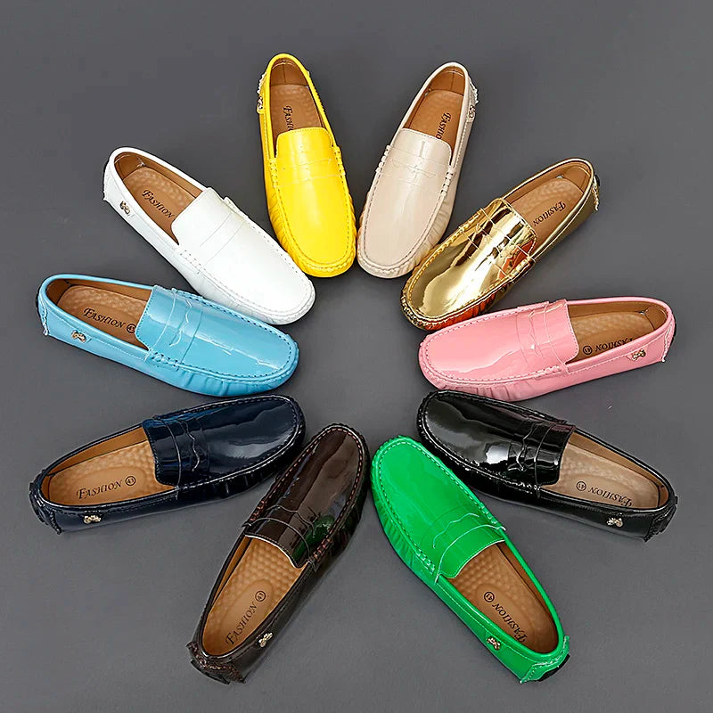 Patent Leather Beanie Shoes Men's New Spring and Summer Large Size Patent Leather Casual British Leather Shoes Women's Slip-On Lazy Casual Shoes Handmade Shoes