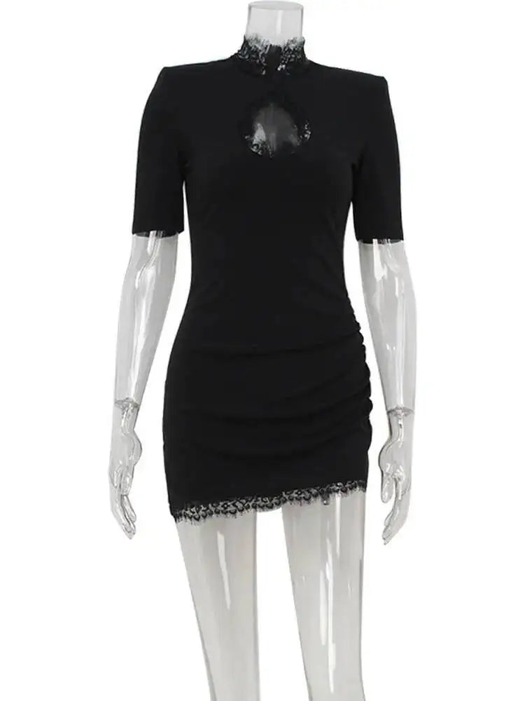 Sexy Sheath Women's Mini Dresses Solid Lace Turtleneck Slim Fit Bodycon Hollow Out Half Sleeves Streetwear Vestidos Robe GX98