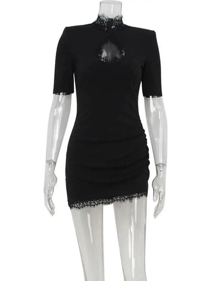 Sexy Sheath Women's Mini Dresses Solid Lace Turtleneck Slim Fit Bodycon Hollow Out Half Sleeves Streetwear Vestidos Robe GX98