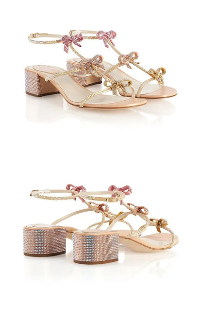Crystal High-heeled Shoes Female 2025 New Summer Bow Rhinestone Thick Heel Sandals.