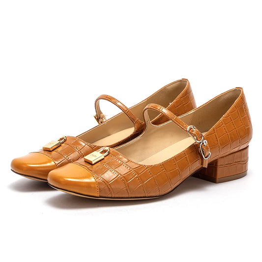 Women's High Heels New Low Heel Texture Mommy Casual Shoes Mary Jane Shoes